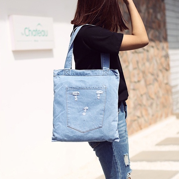 Túi Xách Vải Denim Cỡ Lớn Phong Cách Hàn Quốc Cho Nam Nữ