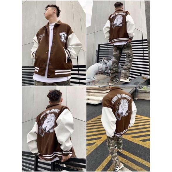 Áo khoác Bomber Nỉ VARSITY JACKET BOMBER TIME MONEY -Áo bomber thêu hình chữ T cực chất tại SixK Store Unisex