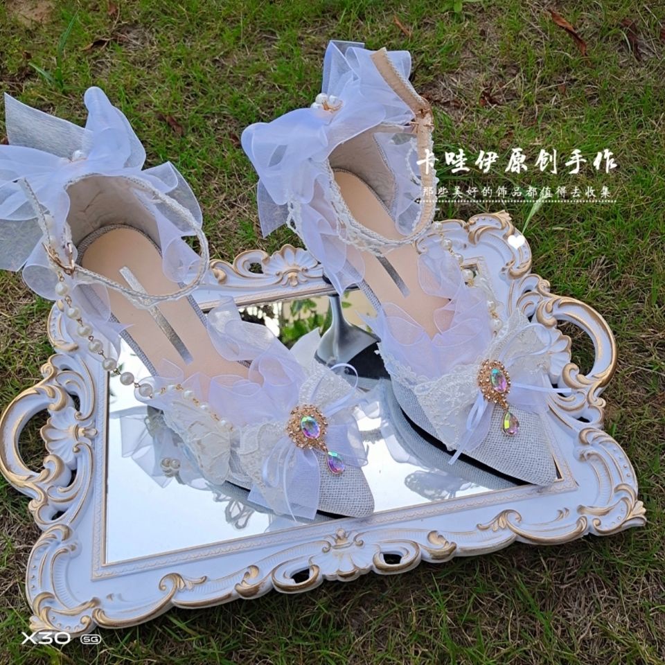 Giày Cao Gót Mũi Nhọn Thêu Họa Tiết Tinh Tế Phong Cách Lolita Cho Bạn Gái