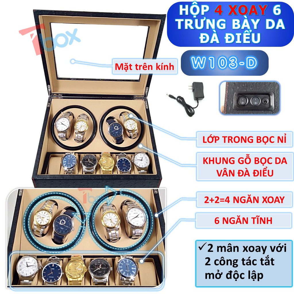 Hộp đựng đồng hồ cơ Automatic 4 xoay 6 trưng bày hộp xoay đồng hồ sử dụng Motor Mabuchi Nhật Bản bền chạy êm bằng gỗ