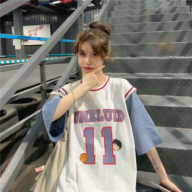 2022 Fake two-piece basketball uniform T-shirt women's  new Korean version loose mid-length jersey short-sleeved ins