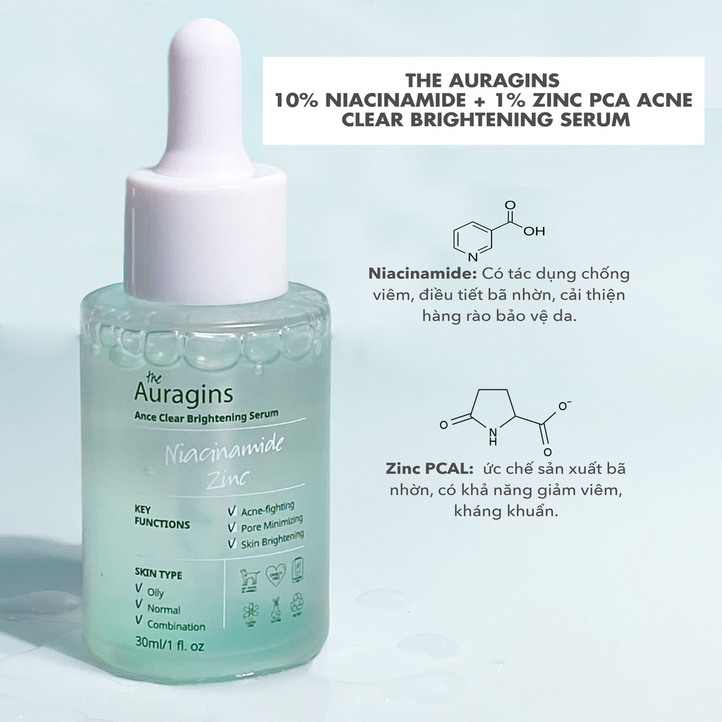 Tinh Chất Giảm Thâm The Auragins 10% Niacinamide + 1% Zinc Acne Clear Serum 30ml