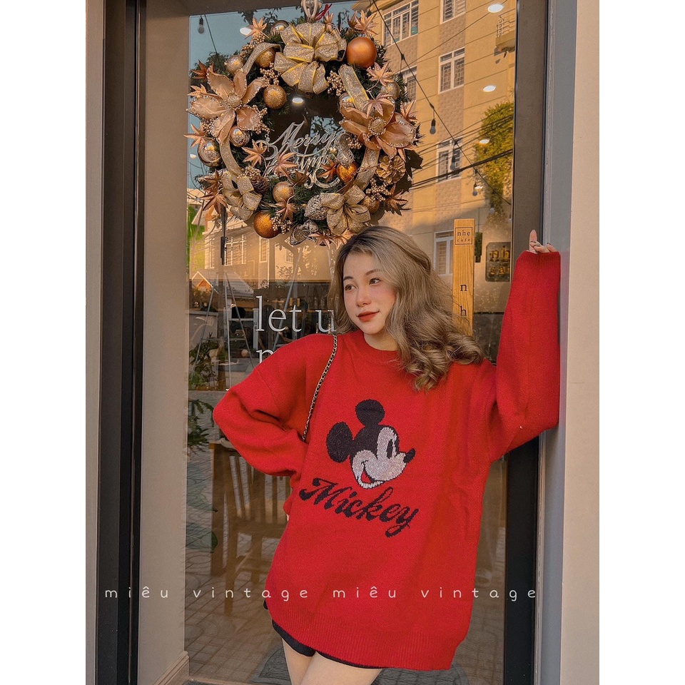 Áo Sweater chuột mickey đỏ cổ tròn form rộng dày dặn 00004 | BigBuy360 - bigbuy360.vn