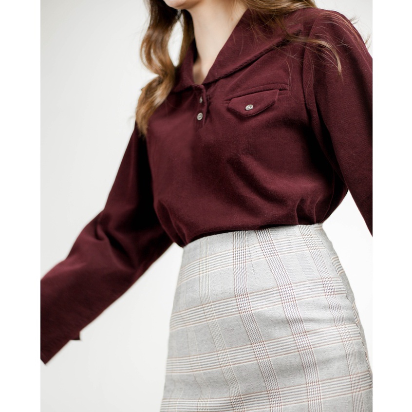 ISCHII - Áo sơmi Nhung tăm vintage Red Velvet top