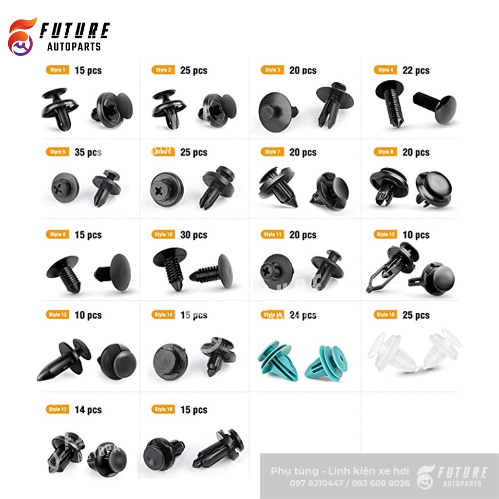 Set 299 chiếc vít nhựa, chốt nở nhựa thông dụng cho xe hơi - Future Autoparts