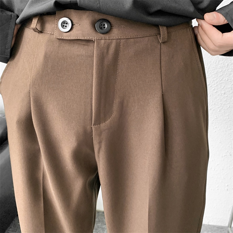 ♞AFF LIGA♞ Quần dài ống suông rộng phối túi và nút cài màu trơn phong cách Hàn Quốc đường phố vintage đơn giản thời trang cho nam