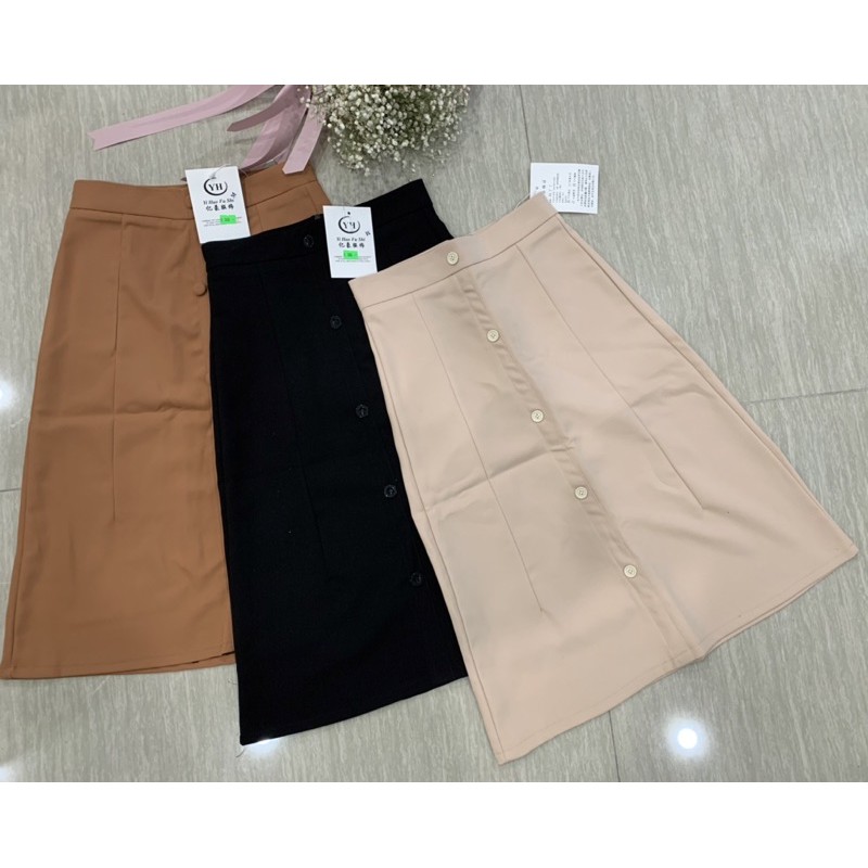 Chân váy dài midi đính cúc dáng xoè, chân váy công sở dài qua gối