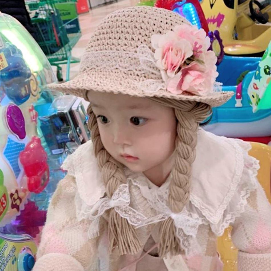 Nón vành cói bím dài ren hoa dễ thương