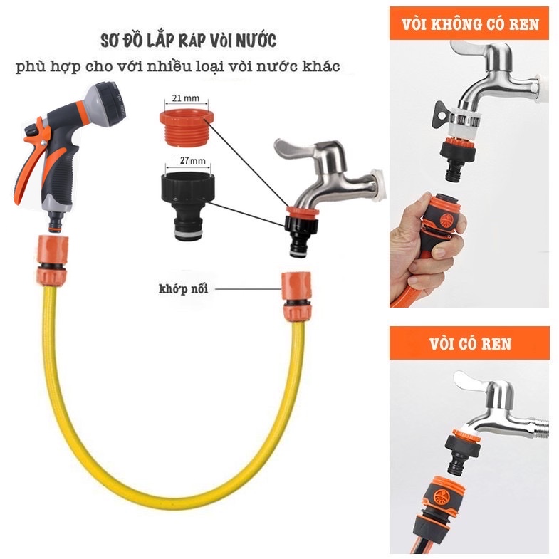 Vòi tưới cây, rửa xe đa năng Lionking. Từ 3 - 20 mét. Ống nước kết cấu 3 lớp chống gập, chống xoắn, vòi 8 kiểu phun
