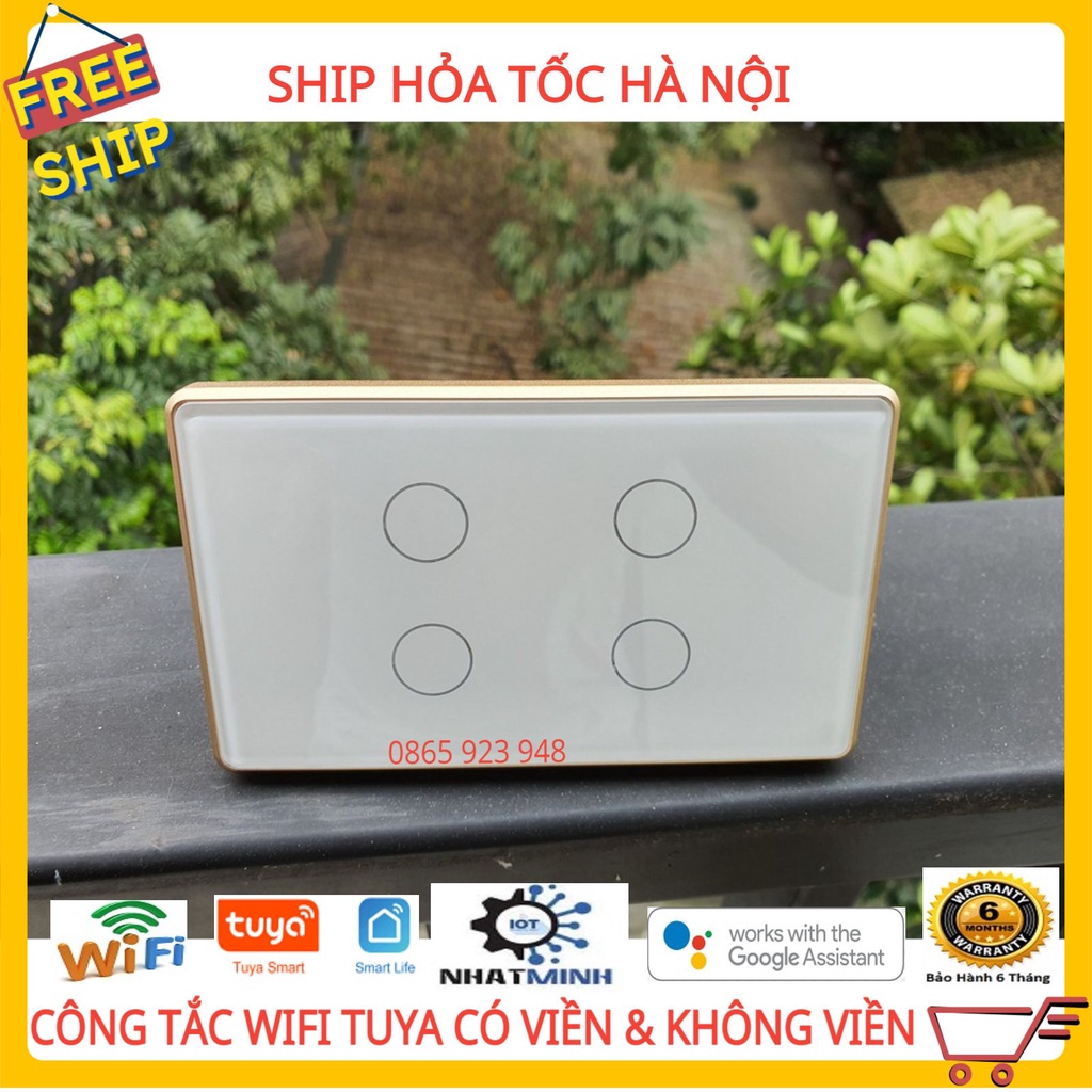 Công Tắc Thông Minh Wifi Tuya SmartLife Viền Vàng 4 Nút Cảm Ứng Hình Chữ Nhật Có RF433 Hẹn Giờ Điều Khiển Từ Xa Hàng Đẹp