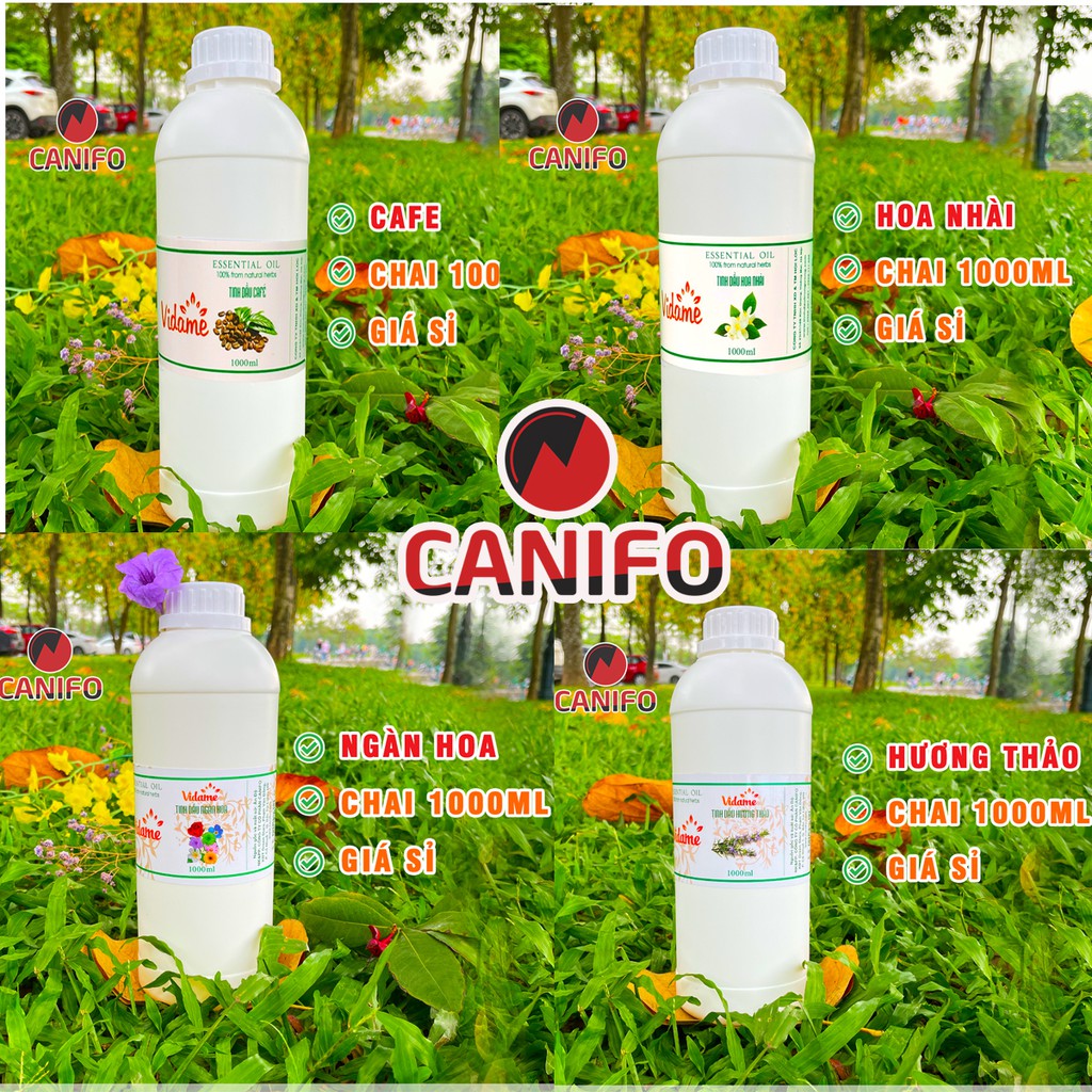 1lít tinh dầu nguyên chất CANIFO, có 33 mùi: cam, dâu, dứa, chanh, gỗ hồng, hoa lan, long não, tràm trà, trầm