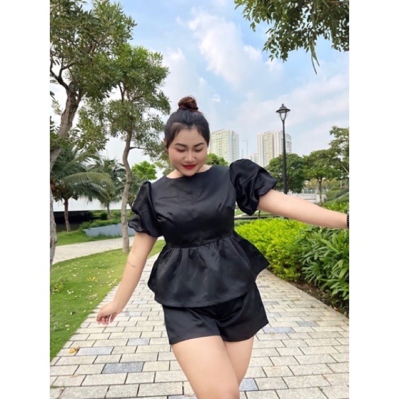 (Shop bigsize nữ 50kg-90kg) Set áo peplum nơ lưng + quần đùi - SE01 - Shop Táo Đỏ Bigsize