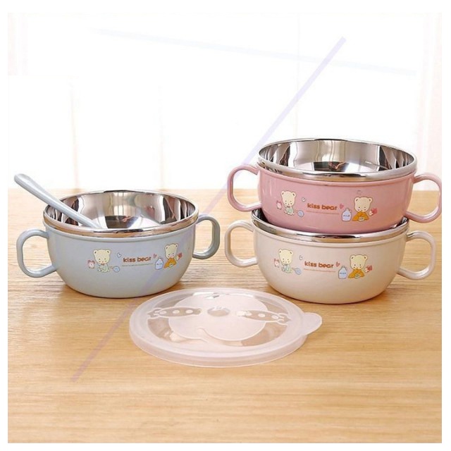 Bát ăn dặm inox cách nhiệt có nắp đạy và tay cầm kèm thìa cho bé