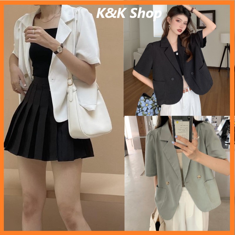 Áo blazer ngắn tay dáng croptop, áo khoác vest cộc tay dáng ngắn tay bồng túi hộp phong cách Hàn Quốc freesize | BigBuy360 - bigbuy360.vn