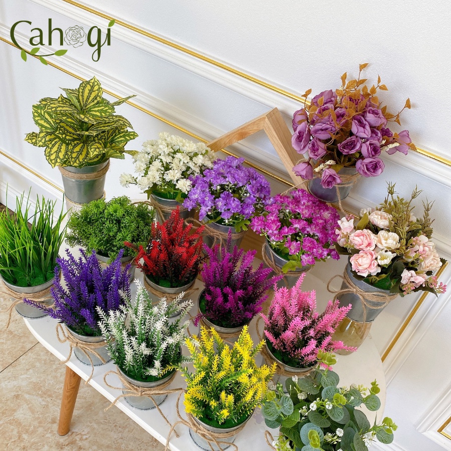 Xô Sắt Cắm Sẵn Cây Hoa Giả Nhiều Mẫu
