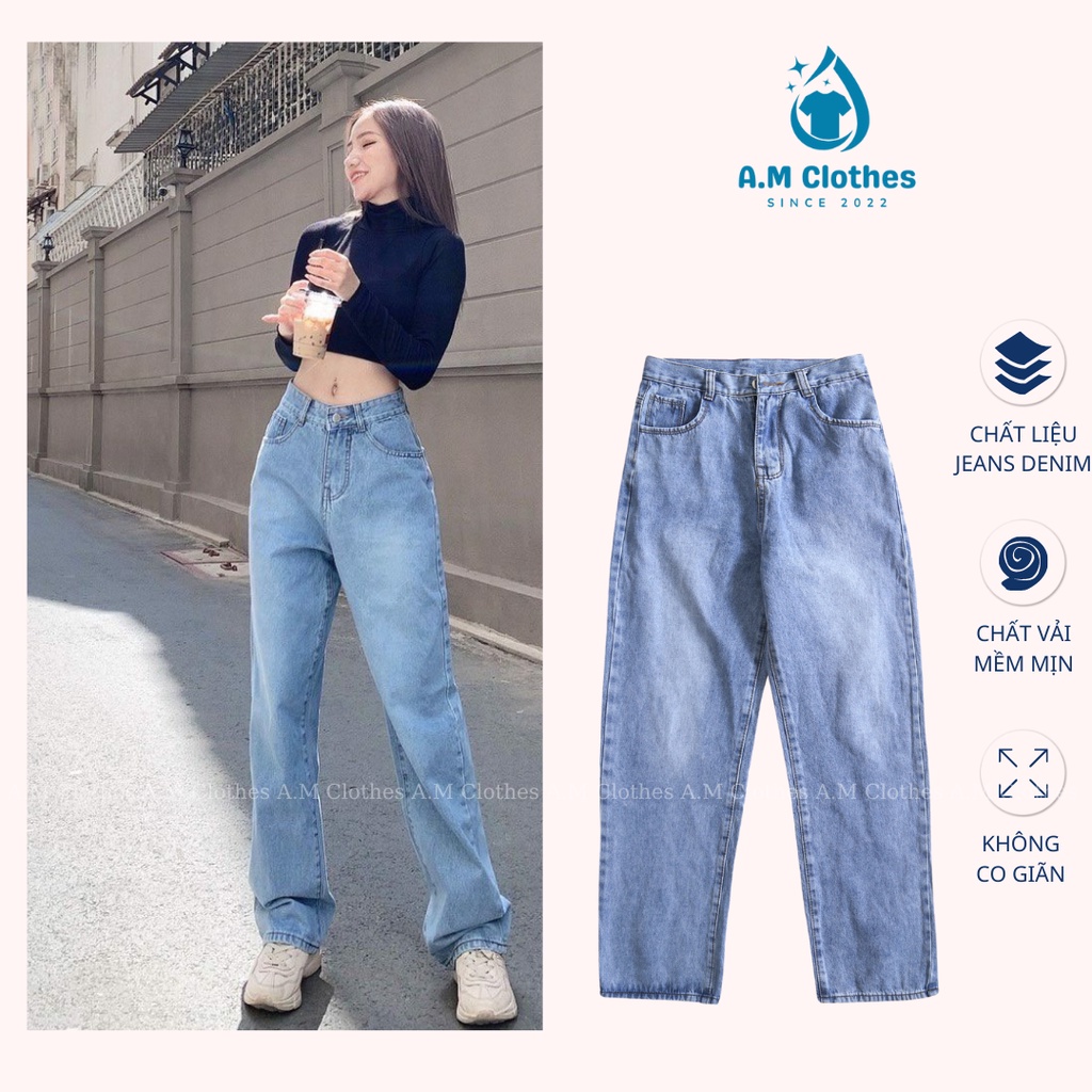 Quần bò ống rộng nữ cạp cao A.M Clothes quần jeans ống rộng lưng cao, vải bò dày đẹp, không giãn,dáng suông kiểu baggy