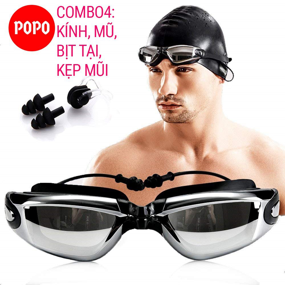 Kính bơi SPORTY thời trang hiện đại combo kính kèm bịt tai 1940, nón bơi trơn ngăn nước Spandex, bộ bịt tai kẹp mũi