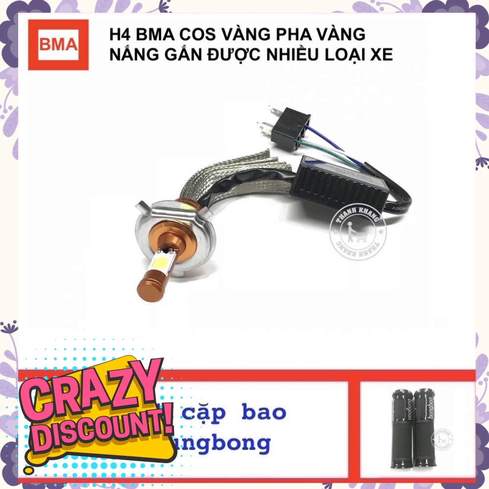 Đèn pha led H4 BMA cos vàng pha vàng nắng, gắn được nhiều loại xe, tăng cặp bao tay bungbon màu đen  001000033 006000514