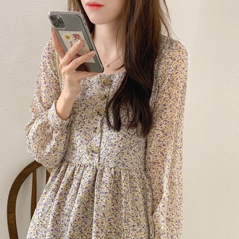 NZN Đầm Hoa Mỏng Tay Dài Chiết Eo Thời Trang Xuân Thu Mới