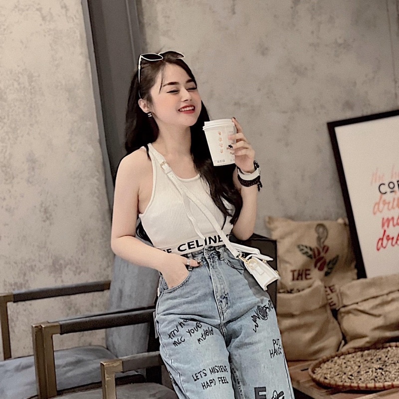 Áo Len Sát Nách Dáng Croptop Chữ Thương Hiệu Cê lin hot gơ