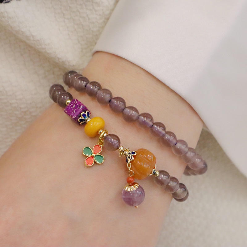 [Hàng Mới] Vòng Tay Mã Não Xám Phong Cách Trung Hoa Cổ Điển Mặt Cỏ Bốn Lá Và Cỏ Bốn Lá