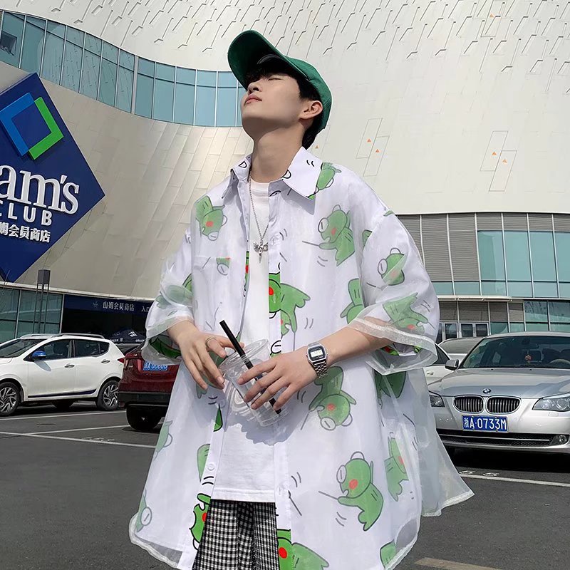 Áo Sơ Mi Nam Ngắn Tay Lụa Lạnh Giả Hai Lớp In Hình Chú Ếch Thời Trang Hàn Quốc Dành Cho Bigsize Áo Phong Rộng Unisex