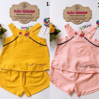 SIZE 1-7 (8-20kg) ĐỒ BỘ BÉ GÁI ÁO CỔ YẾM QUẦN ĐÙI VẢI TƠ SỌC HIỆU SCHUKIDS THÊU HÌNH CÂY NẤM