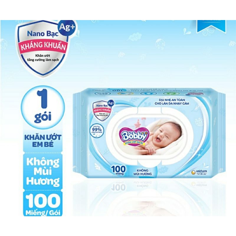 Combo 4 gói khăn ướt em bé bobby không mùi 100 miếng mẫu mới, khăn ướt bobby an toàn cho bé 100 tờ