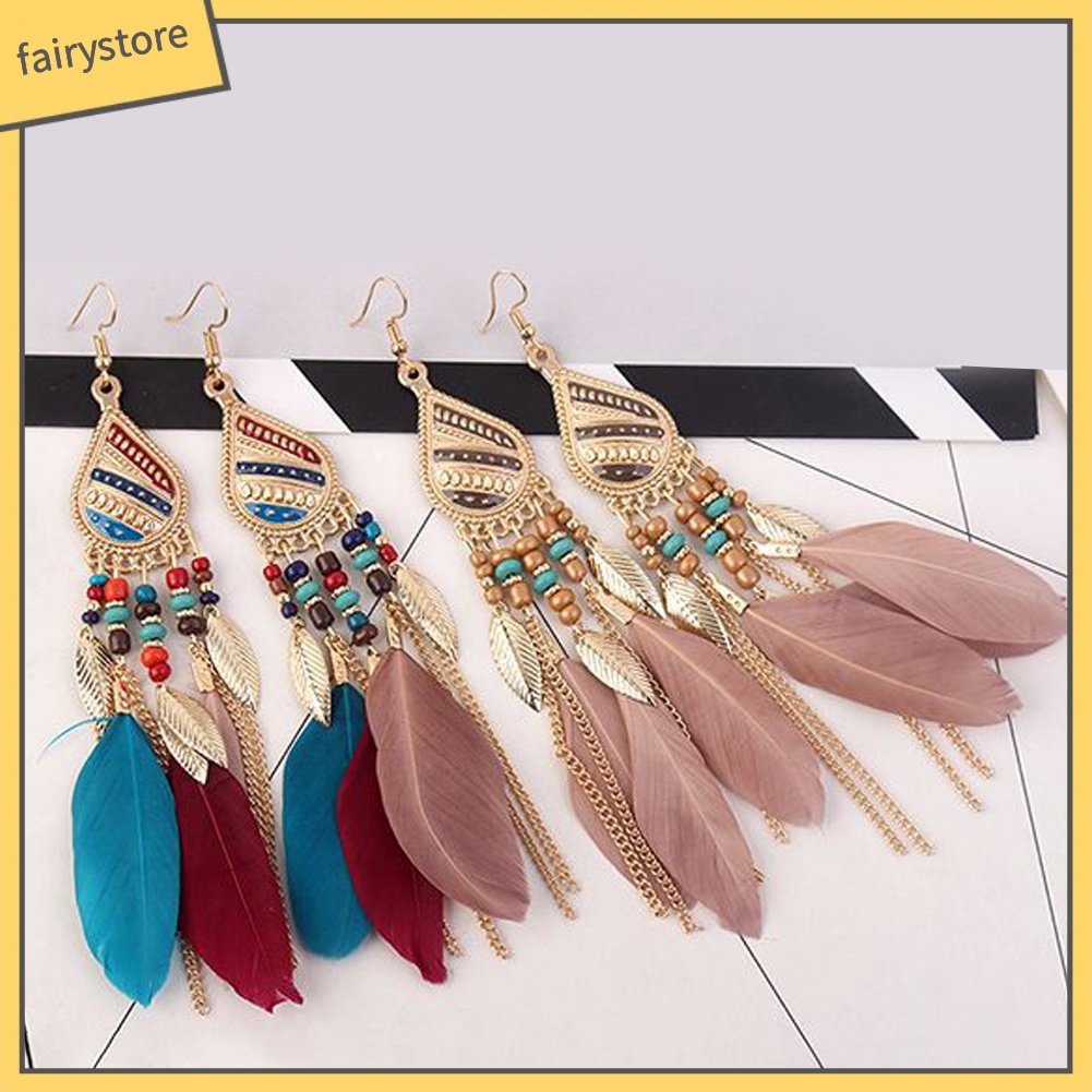 Khuyên tai dáng dài đính lông vũ tua rua dạng hạt phong cách cổ điển cho nữ