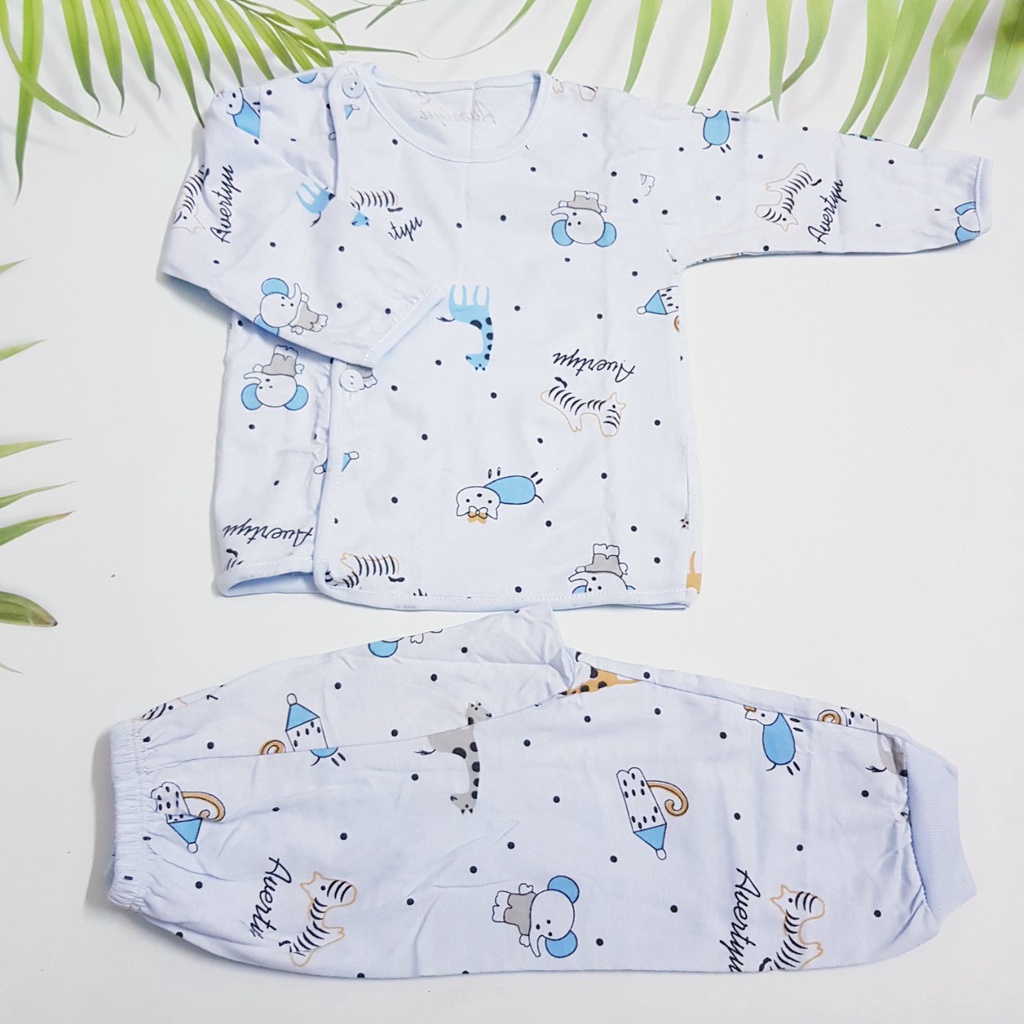Bộ quần áo dài tay cotton cho trẻ sơ sinh, khuy lệch -Họa tiết đáng yêu
