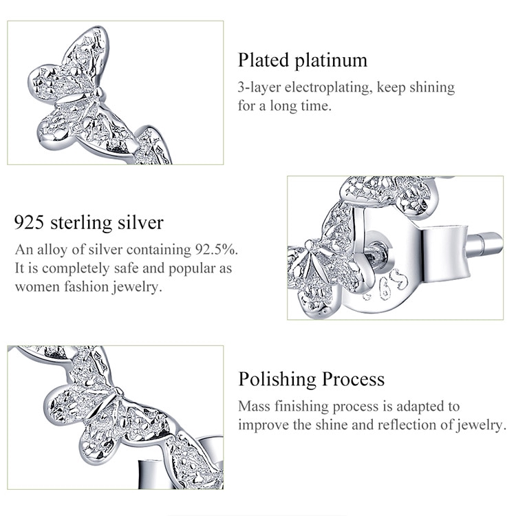 Bông Tai Bamoer BSE377 Bằng Bạc 925 Thiết Kế Ba Chú Bướm Thời Trang Cho Nữ
