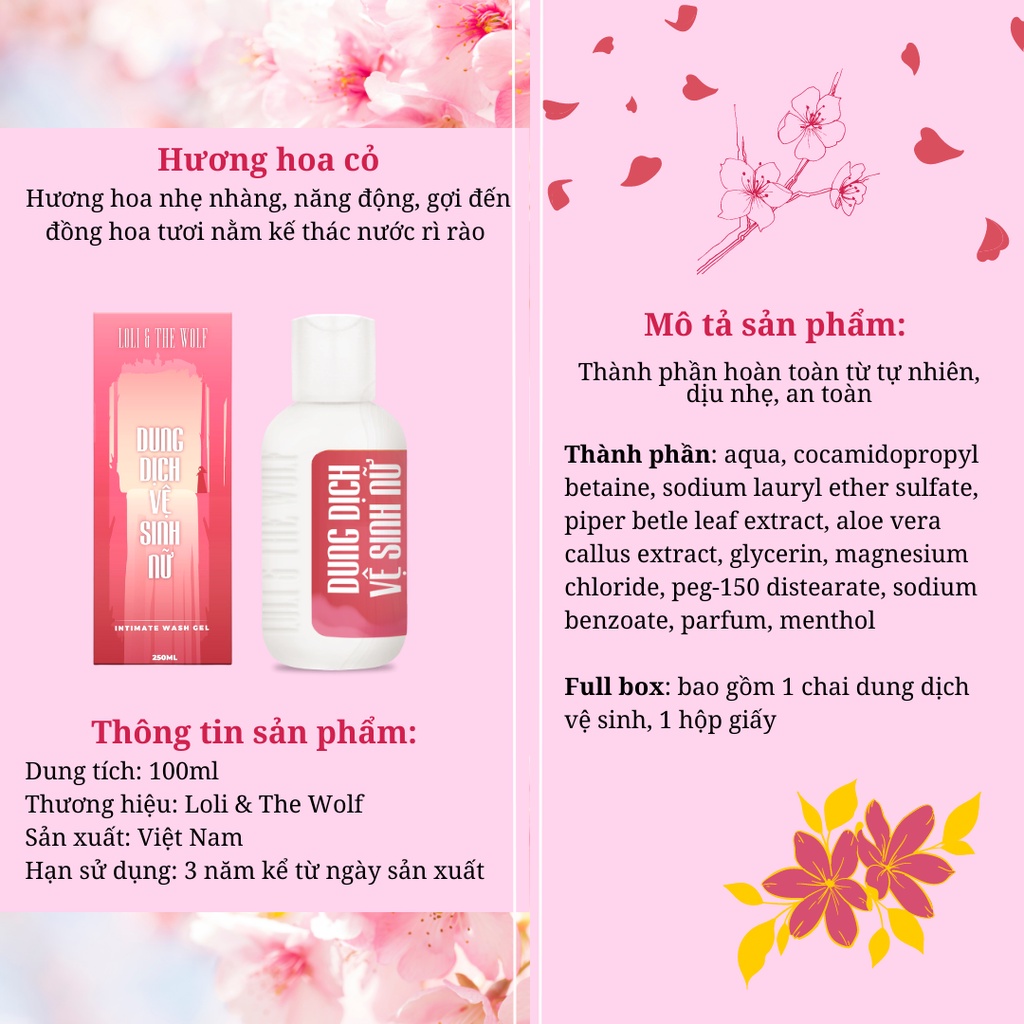 Dung Dịch Vệ Sinh Phụ Nữ Loli The Wolf Chai 100ml Hương Hoa Cỏ Và Trái Cây An Toàn, Dịu Nhẹ, Lành Tính