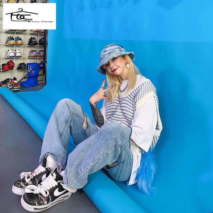 Hàng Có Sẵn Bán Chạy~Quần Jean Rách Hai Lỗ Rách Dáng Ôm Phong Cách Hàn Quốc Thời Trang Đường Phố Dễ Phối Đồ Cho Nữ