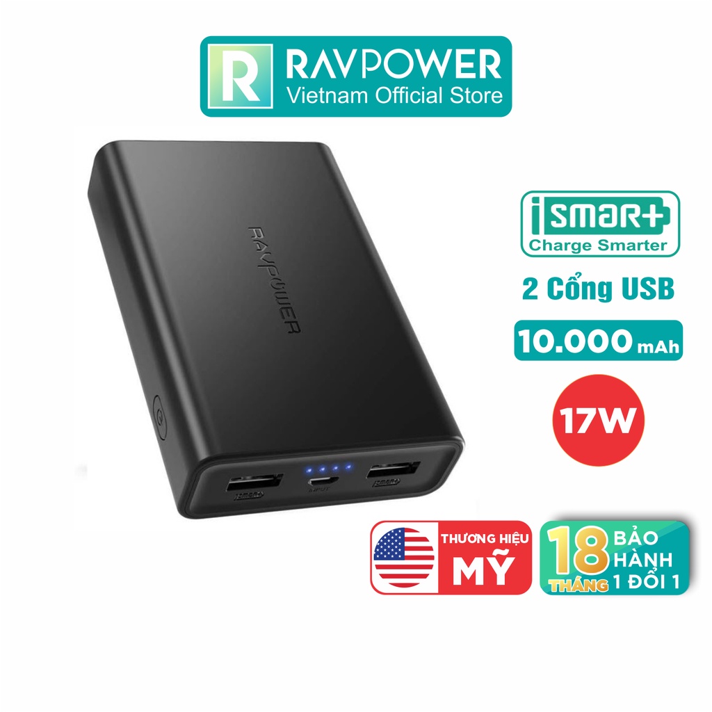 [Mã LT50 giảm 50k đơn 250k] Pin Sạc Dự Phòng RAVPower RP-PB005 10000mAh 17W Sạc Nhanh iSmart 2.0 - Hàng Chính Hãng