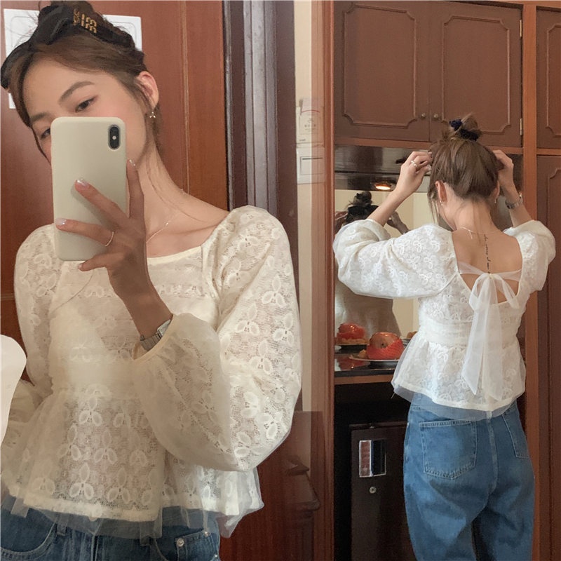 SUXI Áo Sơ Mi Chiffon Tay Dài Phối Ren Đơn Giản Ngọt Ngào Thời Trang Mùa Thu Cho Nữ