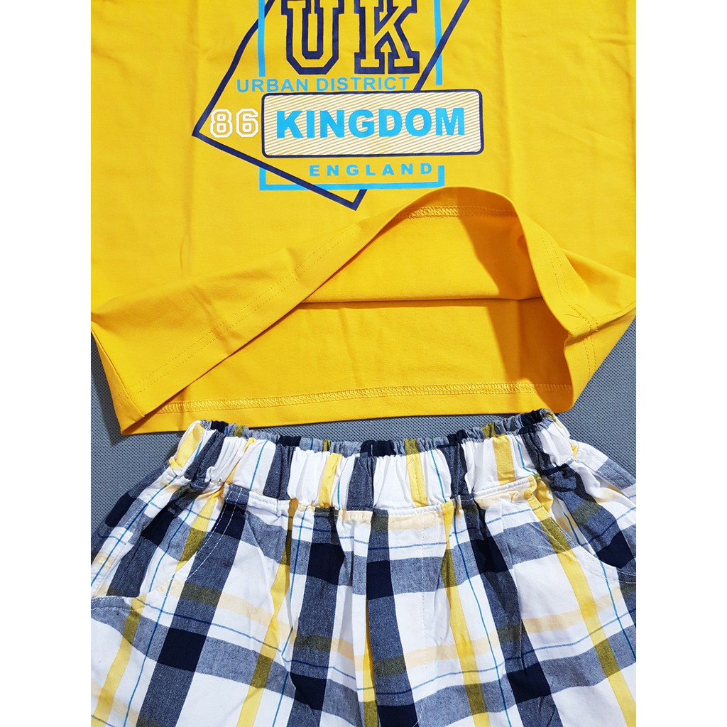 Bộ áo thun cotton in UK quần caro bé trai size đại