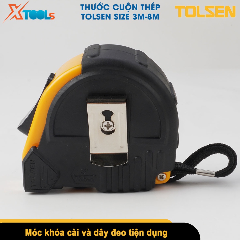 Thước cuộn thép nền vàng TOLSEN 3m-8m, thước dây cuốn tự động chất liệu ABS cứng chắc chống va đập