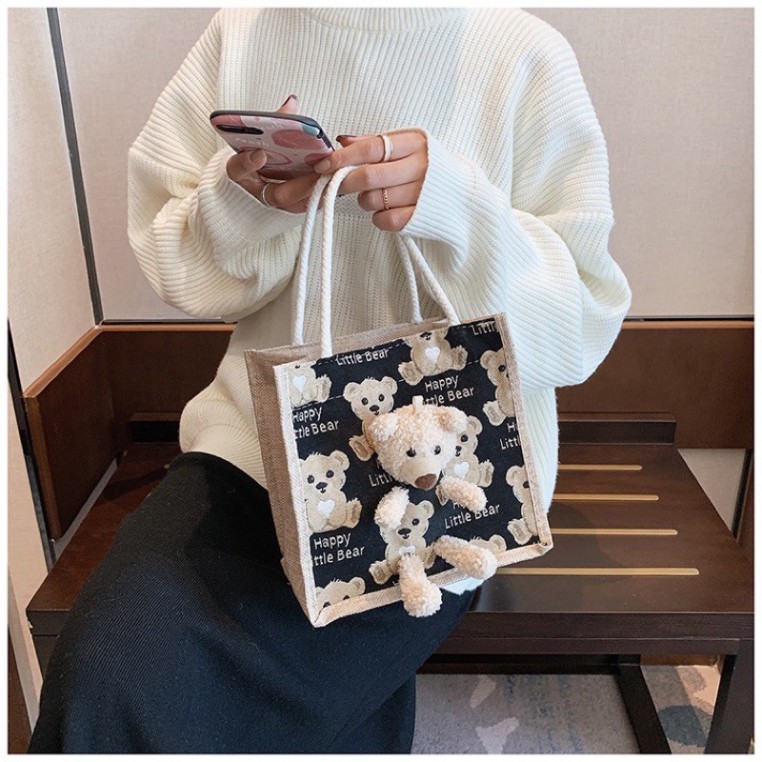 Túi Cói Vintage🌸FREESHIP🌸 Túi Đi Chơi hình Gấu Bông Loại 1 Siêu Xinh, Dày Dặn, Có Chú Gấu Bông Bên Ngoài | BigBuy360 - bigbuy360.vn