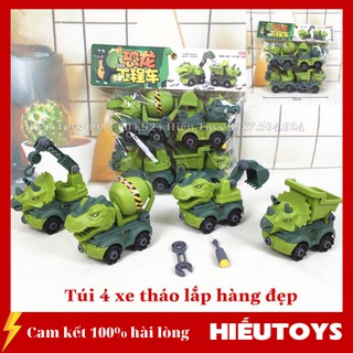 Ô Tô Đồ Chơi Bộ 4 Xe Khủng Long Chất Nhựa Cao Cấp Mô Hình Xe Công Trình Tháo Lắp Kèm Tua Vít Cho Bé Trai Gái