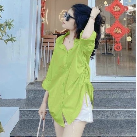 sét đồ nữ sang chảnh,bộ đồ nữ áo sơ mi rút dây kèm quần phối màu nhã nhặn ( Xanh ,Hồng )
