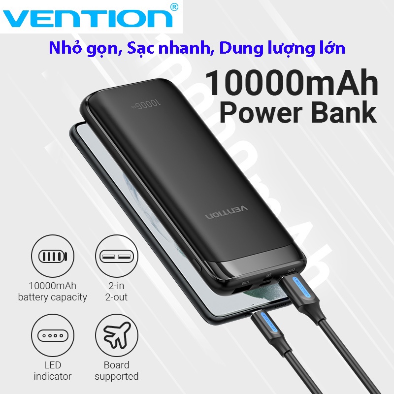 Sạc dự phòng Vention 10000mah với 2 cổng sạc USB Type-C và Micro USB đa năng - Sạc nhanh, nhỏ gọn, dung lượng cao