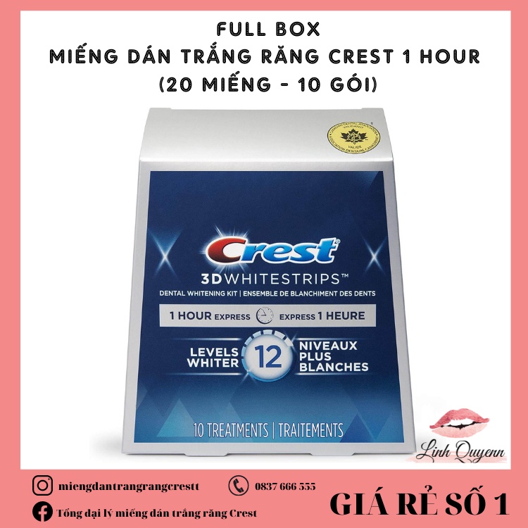 Miếng Dán trắng răng Crest cấp tốc sau 1 giờ Fullbox - 1 Hour Express (10 gói)