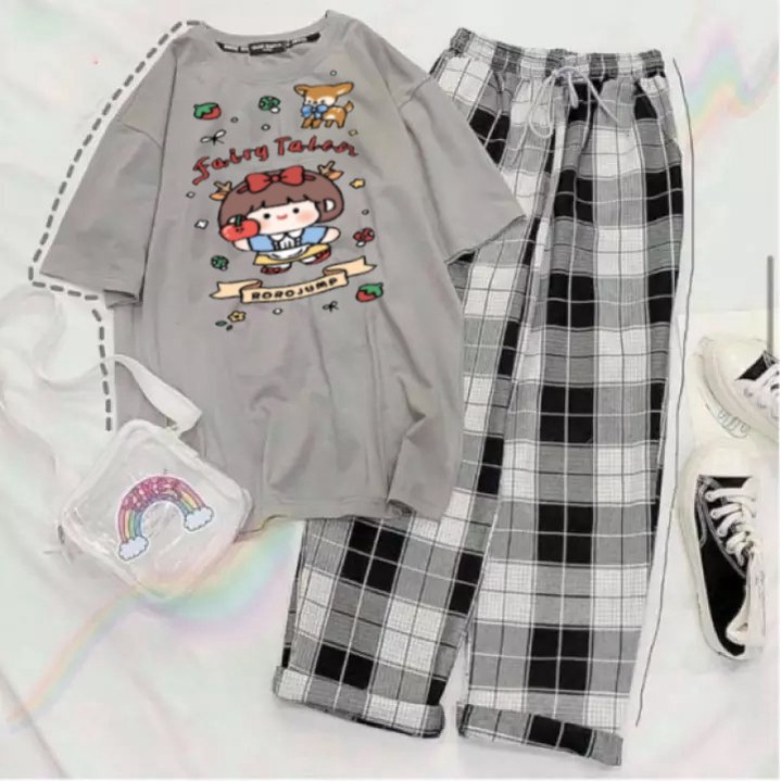 Sét áo phông Roro Jump + quần kẻ karo, Áo thun from rộng, Chất đẹp không xù, quần suông ống rộng, Sét bộ mặc ở nhà - MOD