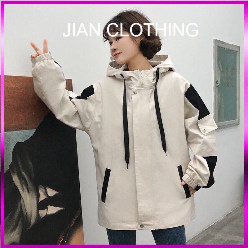 Áo Khoác Kaki Mũ Rộng Tay Phối Màu Dáng Rộng Nam Nữ 2 Màu Jian Clothing