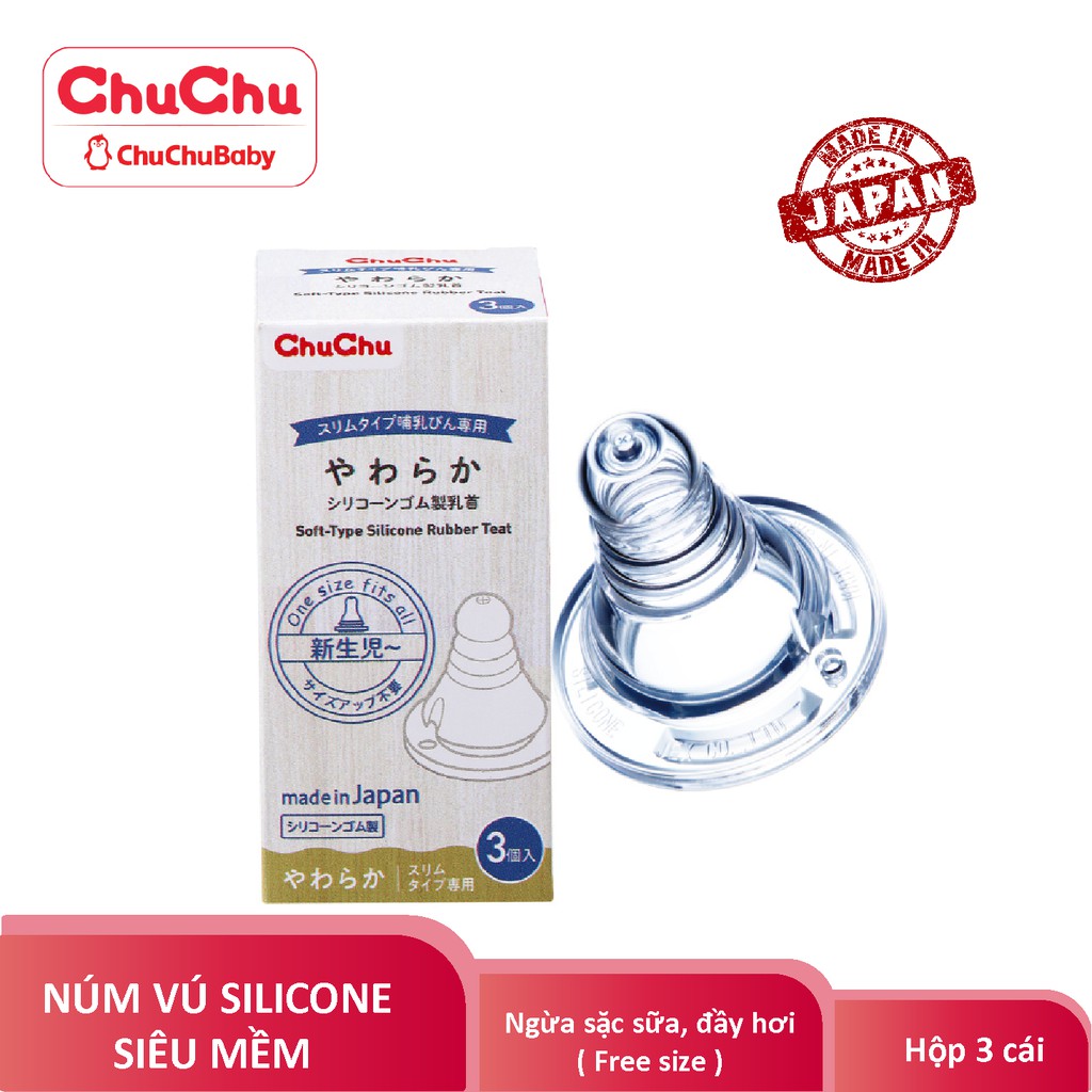 Núm ty silicon siêu mềm Box type chống sặc, ngừa đầy hơi Chuchu Baby  hộp 3 cái chính hãng [Chuchu Baby]