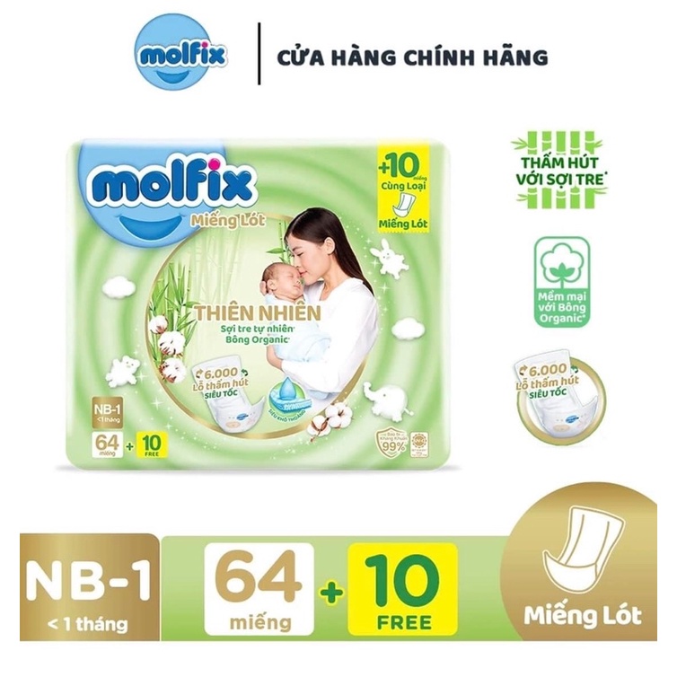 Miếng lót sơ sinh Molfix Thiên nhiên Super Jumbo Newborn 1 (dưới 1 tháng tuổi) - Gói 64m+10m