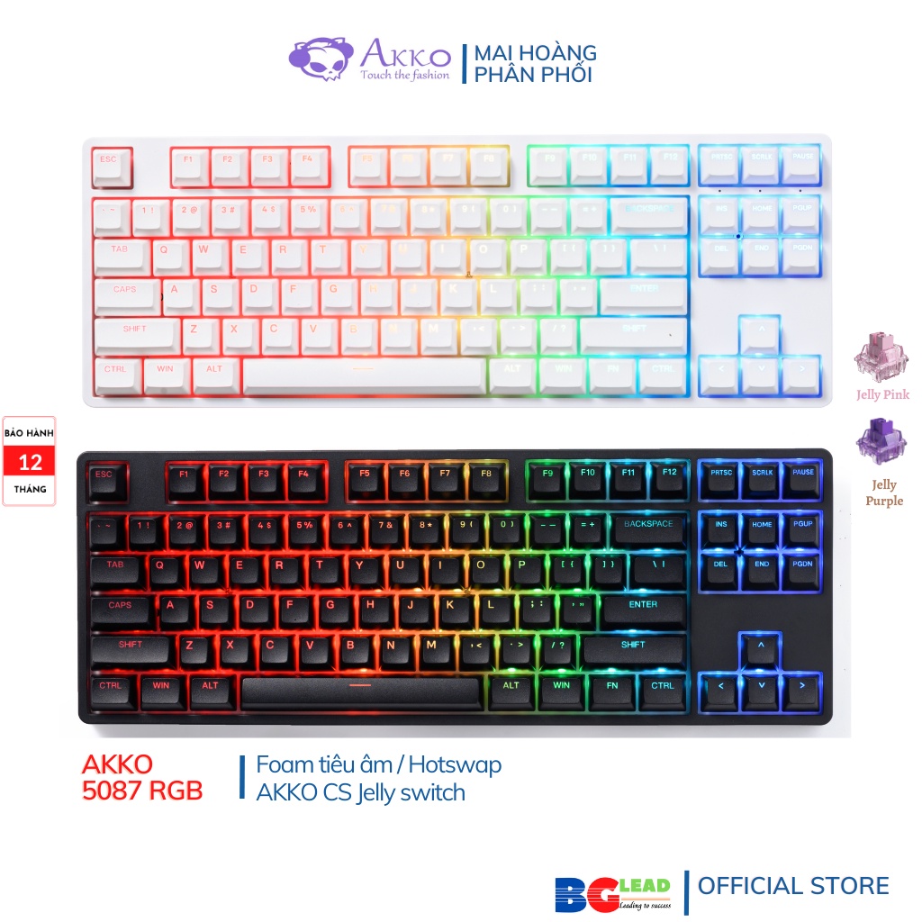 Bàn phím cơ AKKO 5087 RGB Black / White | 3087S RGB – Black ASA profile xuyên Led RGB / Hotswap / Foam tiêu âm