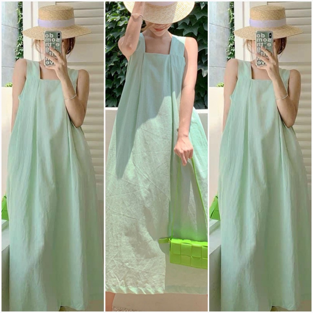♀✾✙Đầm 2 dây bản to dáng dài, váy bầu bí đi biển phom rộng màu xanh