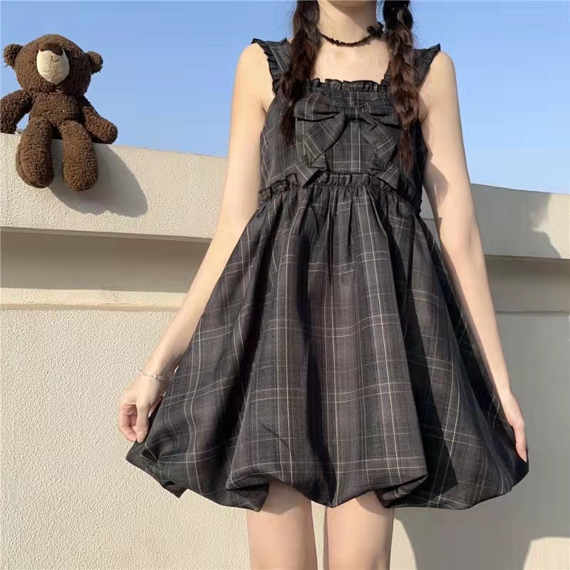 Đầm PERTY hai dây dáng xòe phồng họa tiết kẻ sọc thời trang Hàn Quốc mùa hè dành cho nữ