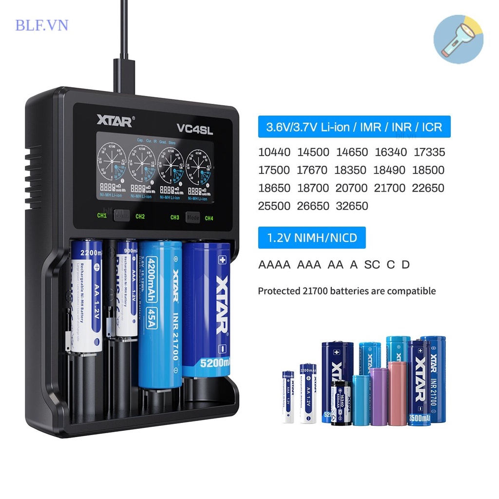 Bộ sạc XTAR VC4SL USB type C QC3.0 Sạc Nhanh 1.2V AAA AA Lithium 18650 21700 26650